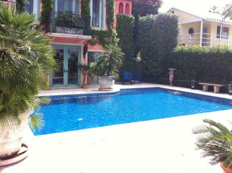 Rectangular pool in a palm-lined courtyard backyard with potted plants