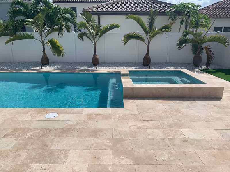 Rectangular pool with matching raised spa framed by palm trees and a white privacy wall
