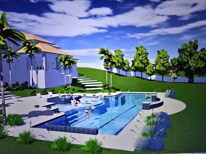 Elevated 3D rendering of a rectangular pool with attached spa on a lawn beside a two-story home
