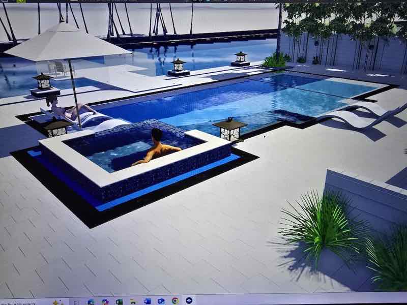 3D rendering of a rectangular pool and raised spa viewed from the shaded patio