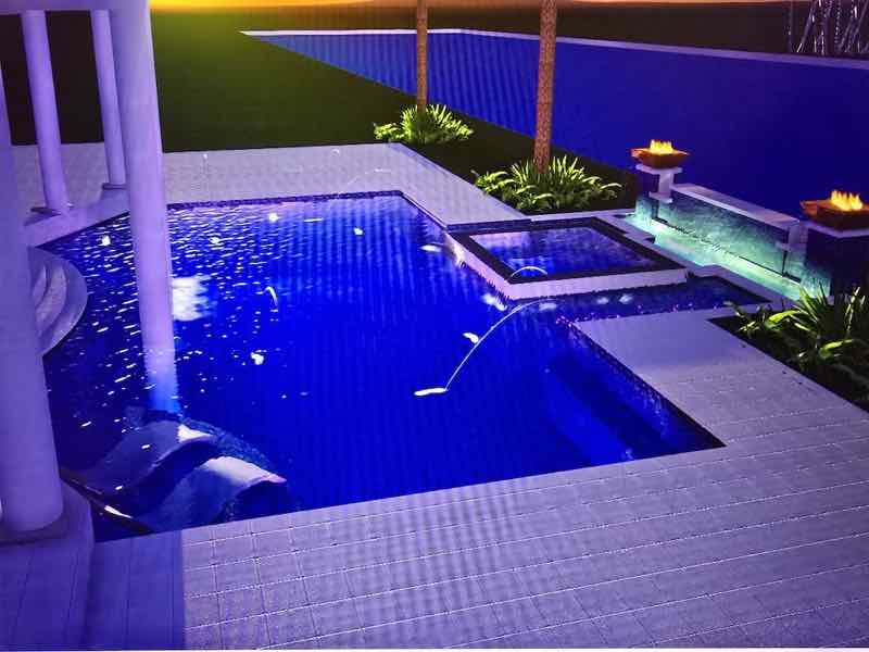 Night-view 3D rendering of a pool and spa with blue LED lighting beside a covered patio