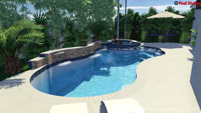 3D rendering of a freeform pool with a curved raised spa on a stone deck