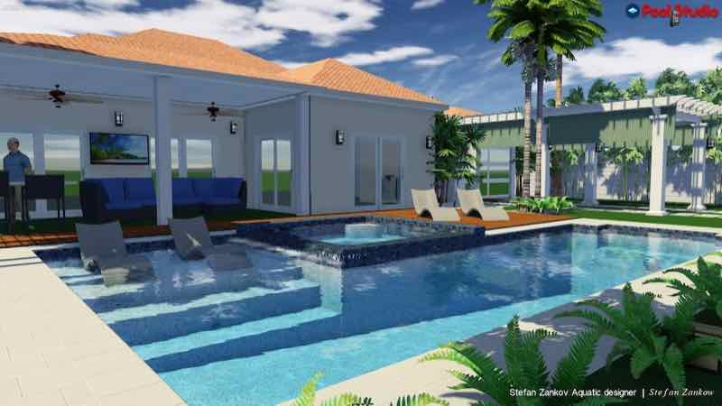 3D rendering of a rectangular pool with tanning-ledge steps beside a covered patio