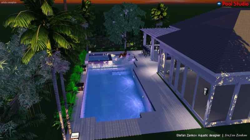Aerial 3D rendering of a rectangular pool and spa beside a screened lanai