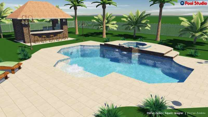 3D rendering of a freeform pool with raised spa beside an outdoor bar structure