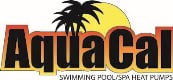 Logo of AquaCal with a stylized sun and palm tree behind the text, hinting at backyard renovations in Miami-Dade County, FL. The tagline "Swimming Pool/Spa Heat Pumps" appears below. The vibrant color scheme of orange, yellow, and black captures the spirit of sunshine and relaxation.