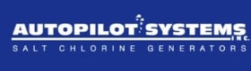 Logo with a blue background featuring white text: "Autopilot Systems Inc. Salt Chlorine Generators." An icon resembling a small plane sits between "Autopilot" and "Systems," ideal for pool construction Miami-Dade County FL.