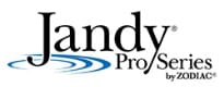 Logo of Jandy Pro Series by Zodiac, perfect for pool construction in Miami-Dade County, FL. The text "Jandy" is in large black letters above "Pro Series," sitting elegantly over a blue wave design. The smaller word "Zodiac" is nestled at the bottom right of the logo.