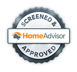 A silver and blue badge reads "Screened & Approved" at the top, with "HomeAdvisor" in the center. The HomeAdvisor logo, featuring an orange roof, is included. Ideal for showcasing quality services like pool construction in Miami-Dade County FL, the badge has a scalloped border design.