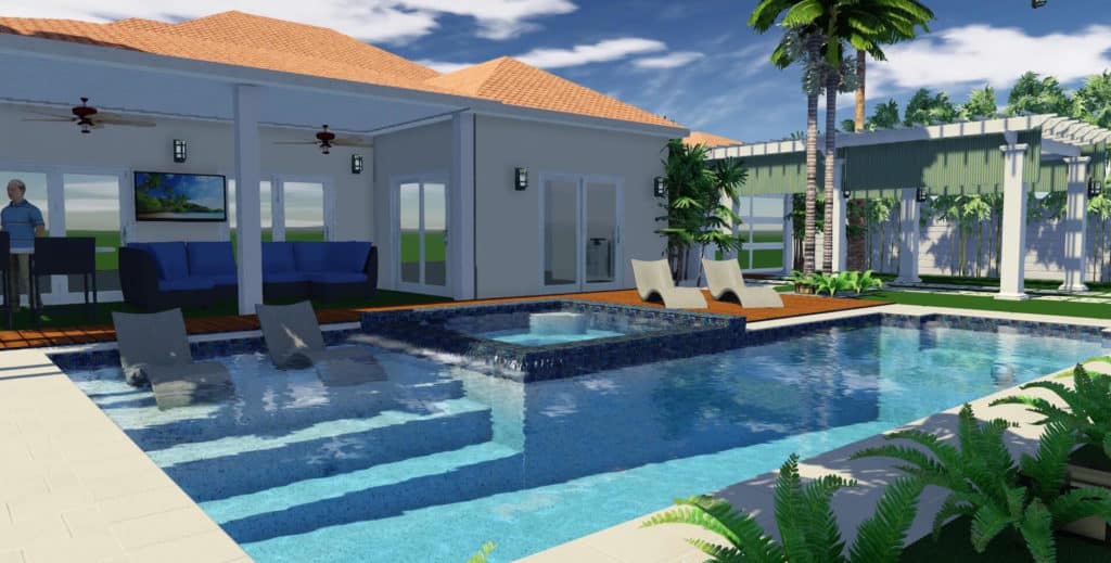 Modern backyard pool design featuring a spacious pool with a spa, lounge chairs, and a covered patio area, showcasing tropical landscaping and outdoor living space, highlighting Dream Pools' custom pool construction and upgrade options.