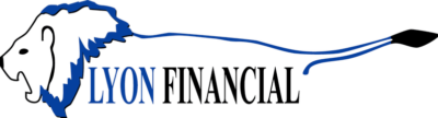 Logo of Lyon Financial featuring an outline of a lion's profile and mane in blue, alongside stylized text that reads "Lyon Financial." A blue line extends from the lion's tail across the text, symbolizing strength and elegance in pool construction Miami-Dade County FL.