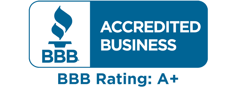 Blue and white logo with "BBB Accredited Business" text and a torch symbol. Below, it reads "BBB Rating A+" in bold.