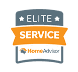 A badge logo with "Elite Service" at the top in a gray area, two white stars on each side. Below, an orange banner with "HomeAdvisor" written in white, partially obscured in the lower section.