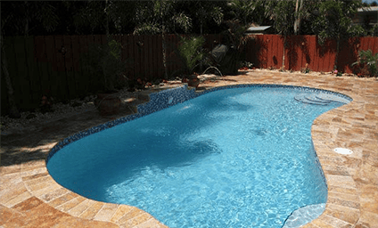 A kidney-shaped swimming pool with clear blue water is bordered by a stone patio. There are palm trees and greenery along a red wooden fence in the background. The scene is bright and sunny.