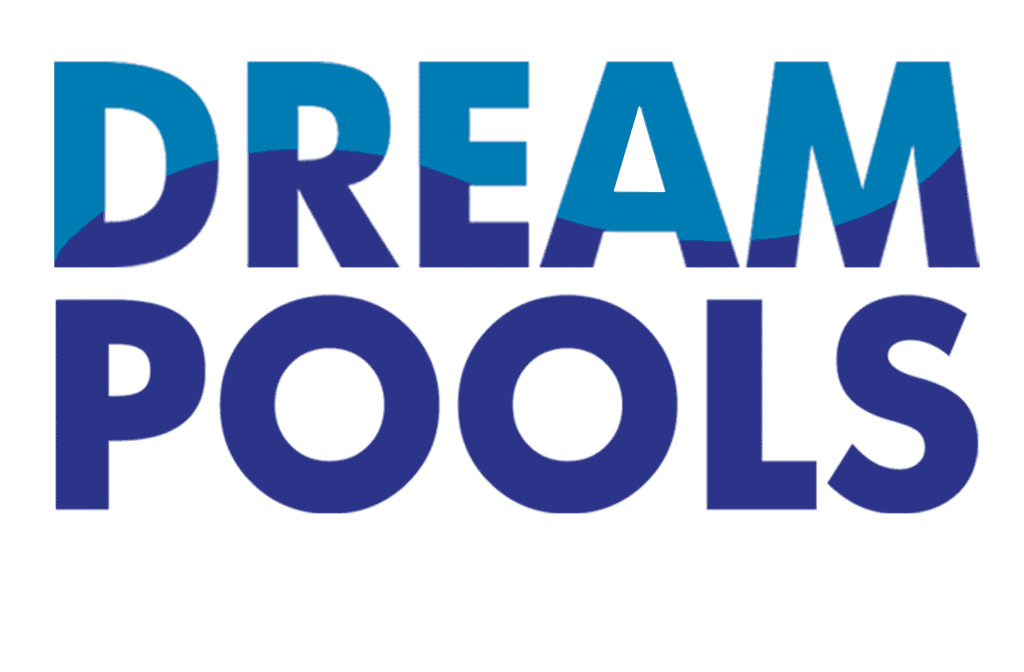 The image features the logo for "Dream Pools of South Florida" with the words "DREAM" and "POOLS" in bold white font outlined in dark blue, with a blue wave pattern. "of South Florida" is written in smaller white text beneath.