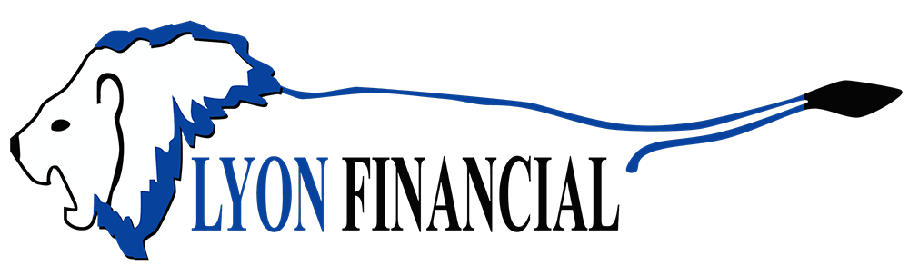 Logo featuring a white lion’s head outlined in blue, with a blue line forming the lion’s mane and tail. Ideal for FL pool builders Miami-Dade County, "LYON FINANCIAL" appears in bold blue and black beside the lion.