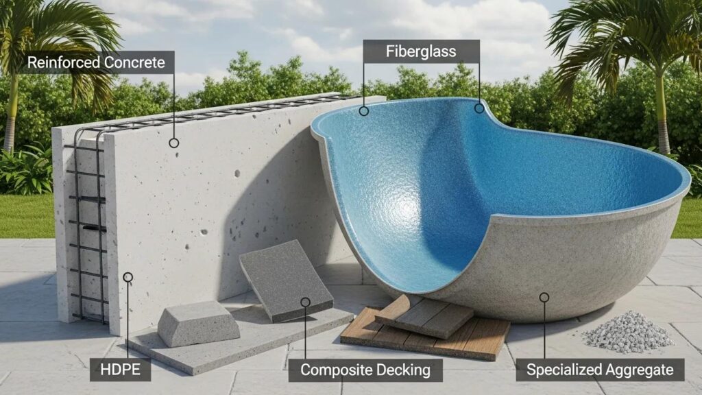 Hurricane-resistant pool materials including reinforced concrete and fiberglass samples