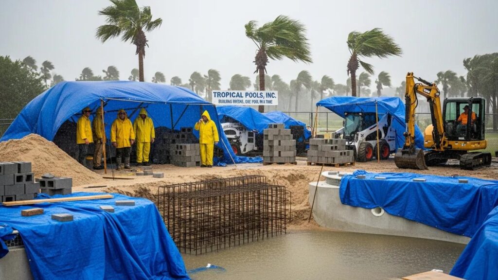 Construction site affected by weather delays during pool building
