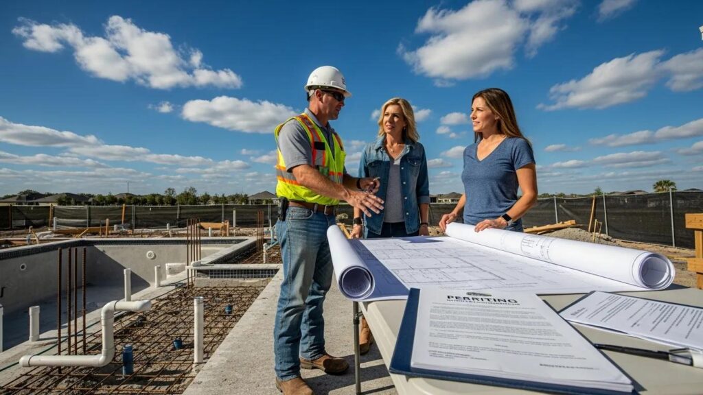 Contractor and homeowner discussing pool construction permits