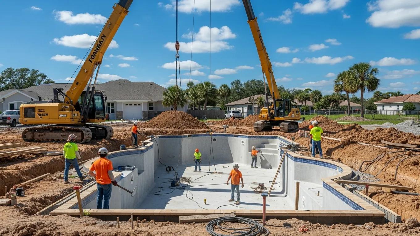 Custom pool construction in Florida with workers and equipment